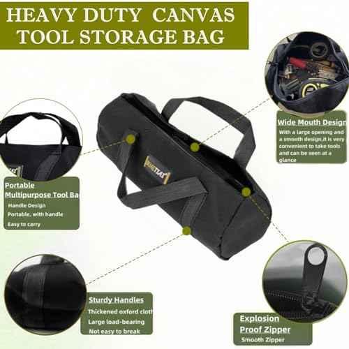 14 Inch Small Tool Bags for Men,Wide Mouth Zipper Tool Storage Bag,Large Capacity Canvas Tool Tote Bag,Portable Multi-Function Tool bag for Storage Wrenches,Screwdrivers,Repair Tools (Black)