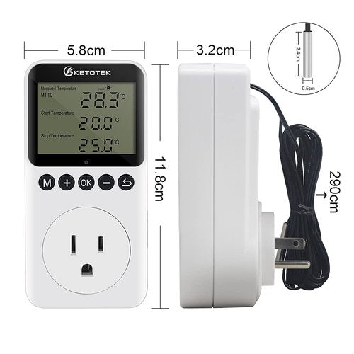 KETOTEK Digital Day/Night Temperature Controller 120V, Thermostat Outlet Plug with Timer, Thermostatic Outlet Switch 110V with 3m Sensor for Reptile Terrarium Greenhouse, Heating/Cooling Temp Control