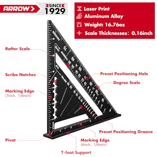 Arrow 7-Inch Aluminum Rafter Square | Carpenter/Framing Square with Laser Scales