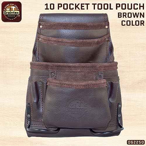 Graintex OS2250 10 Pocket Oil Tanned Leather Nail & Tool Pouch Dark Brown Color for Constructor/Electrician/Plumber