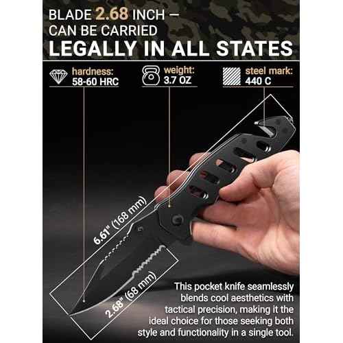 Tactical Legal Knife for Men Women - 2.68 inch Serrated Blade - Small Black Pocket Knives with Glass Breaker Seatbelt Cutter - Cool Folding Tool for Camping Work EDC - Mens Birthday Gift Ideas 6655 B