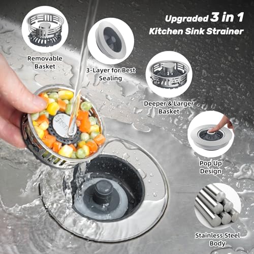 Hibbent 3-in-1 Kitchen Sink Drain Strainer with Brushed Stainless Steel Pop Up Stopper - Model 1
