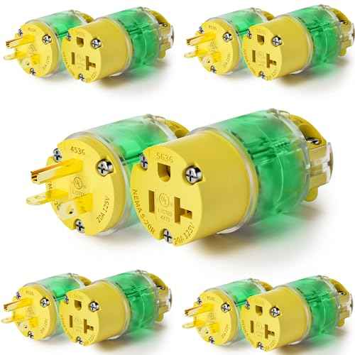5 Set 20 Amp Extension Cord Ends Lighted Plug and Connector Set, 20A 125V NEMA 5-20P & 5-20R Straight Blade Cord End Replacement, 2-Pole 3-Wire Grounding, Electrical Plugs,UL Listed