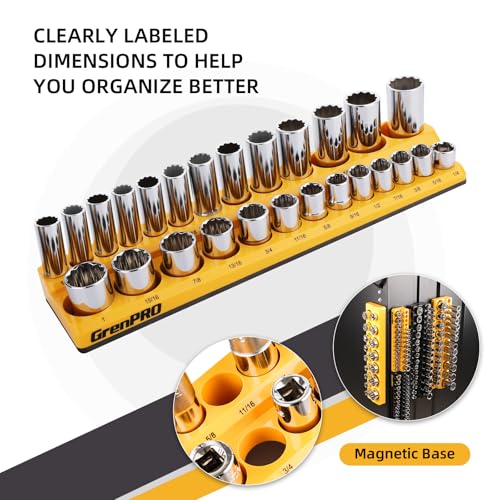 GRENPRO 6-Piece Magnetic Socket Organizer Set – 1/4, 3/8, 1/2 in SAE & Metric, Dual-Row Tray with Magnetic Base (Variation: 6-Piece Magnetic Socket Holder)