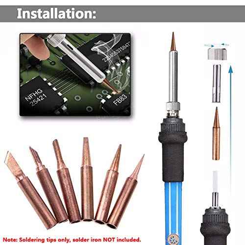 Yakamoz 12Pcs Soldering Tips Kit 900M Lead-Free Copper Solder Iron Tip Welding Tool Replacement Accessories for Hakko, Radio Shack, TENMA, ATTEN, Quick, Aoyue, Yihua Solder Station (6 Different Shape)