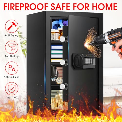 Psisuvry 5.21 Cuft Fireproof Water & Fire-Resistant Home Safe with Digital Keypad & Key Lock, 3 Removable Shelves