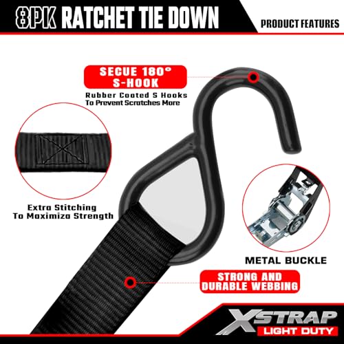 XSTRAP STANDARD 8-Pack 1x10ft Ratchet Tie Down Straps Black - Cargo Securing