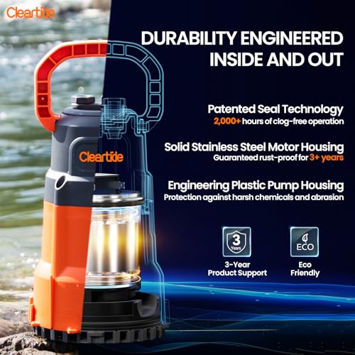 Cleartide 1/2 HP Submersible Utility Water Pump - 3060 GPH Sump & Pond Pump