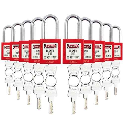 Lockout Tagout Locks, 10 Red Safety Padlocks OSHA Compliant, Keyed Differently Loto Locks (2 Keys Per Lock) for Lock Out Tag Out Stations