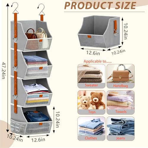 Grey 4-Tier Fabric Hanging Closet Organizer with See-Through Front & Side Pockets - Space-Saving Wardrobe Storage