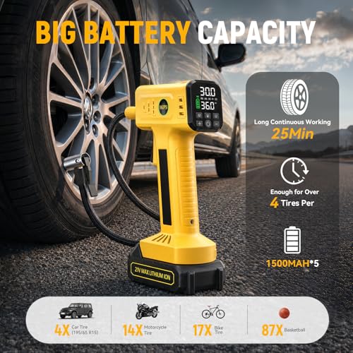Rafeox Yellow Portable Cordless Tire Inflator with Long Air Hose, Fast Inflation, Auto Shut-Off
