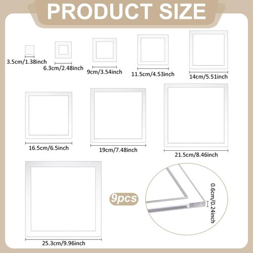 BENECREAT 9Pcs Squares Router Templates, 9.8/8.5/7.4/6.5/5.5/4.5/3.5/2.5/1.4 Inch Transparent Acrylic Tracing Template, Router Inlay Template for Woodworking, Craft