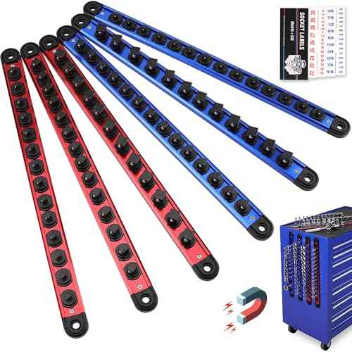 Magnetic Socket Holder Organizer Set: 6-Piece Detachable 1/4, 3/8, 1/2 Socket Trays Socket Organizer for Tool Box Drawer Holds 80-Piece Standard Size Sockets for Automotive Mechanic Garage(Red Blue)