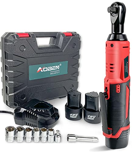 AOBEN Cordless Electric Ratchet Wrench Set 3/8" 12V with 2 Batteries - Brick Red