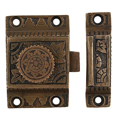 A29 Solid Brass Cabinet Latch, Latch with Flower Knob for Cabinet Closet Kitchen Door Drawer Lock, Handmade Weathered Bronze Finish, Antique Latch