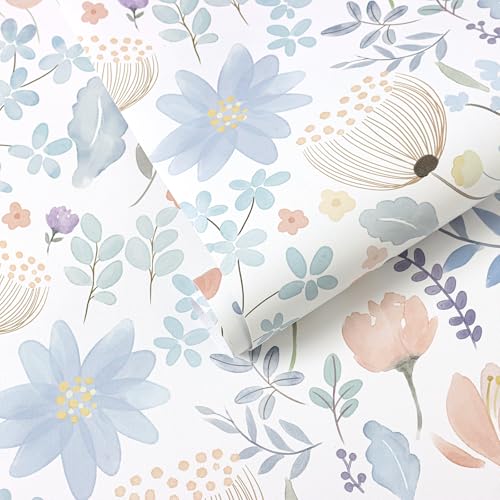 Yasinet Floral Wallpaper Removable Contact Paper Peel and Stick Wall Paper Boho Modern Pink and Blue Flower Wallpaper for Bedroom Bathroom Cabinets Self Adhesive Vinyl 17.3"x78.7"