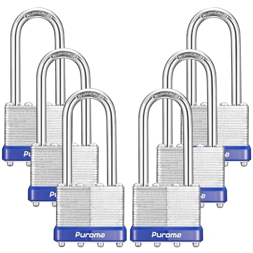 Puroma Lock 6 Pack Padlocks, 2¡± Long Shackle Heavy-Duty Locks with 2 Keys, 40mm Hardened Steel Keyed Alike Padlocks for Sheds, Gates, Fences, Toolbox, Outdoor and Indoor Use£¨Silver£©