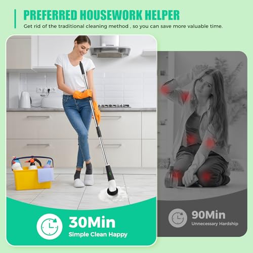 YKYI White Cordless Electric Spin Scrubber with Long Handle & 8 Brush Heads