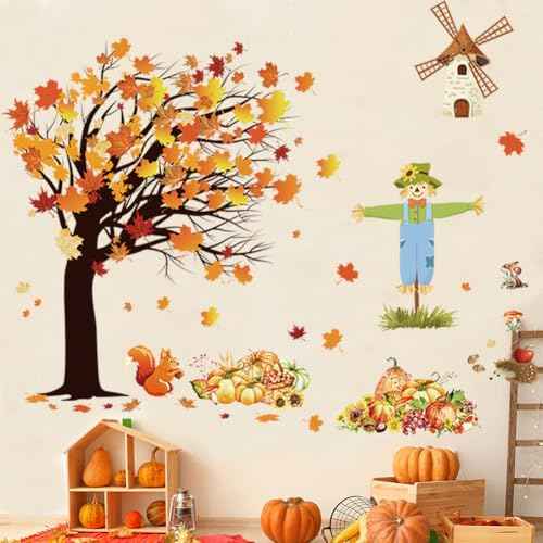 Fall Maple Leaves Wall Decals Autumn Pumpkin Scarecrow Wall Stickers Thanksgiving Fall Tree Wallpaper Cute Sqiirrel Windmill Mural DIY Removable Wall Art for Kids Bedroom Playroom
