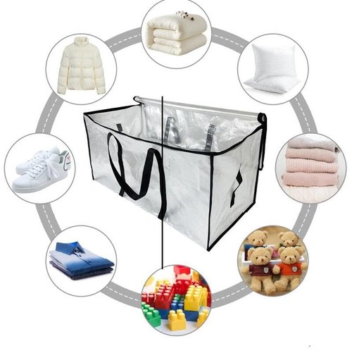 Clear Plastic Storage Bags with Zipper - Waterproof Foldable Reinforced Handles - Blanket Moving Sacks - Heavy-Duty Space-Saving Design