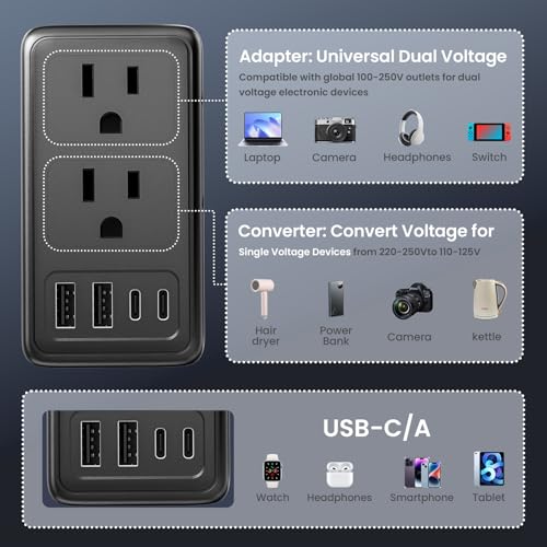 2000W Travel Voltage Converter with USB-C & USB-A Ports for International Use