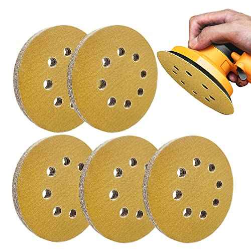 5 Inch Sanding Discs Hook and Loop, 120 Grits 8 Holes Sandpaper Round Orbital Sander Paper for Woodworking Car Boat Metal Polishing, 50pcs