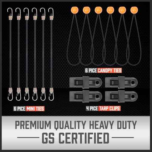 HORUSDY 31-Piece Premium Bungee Cords Assortment Jar, Includes 10¡±,18¡±,24¡±,32¡±,40¡± Bungee Cords, 6¡° Zip Ties, 8¡±Canopy/Tarp Ball Ties and Crocodile Mouth Tarp Clips