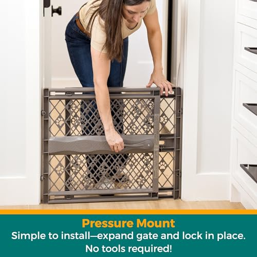MYPET Paws Portable Pet Gate - Fieldstone Gray, 26-40" Expandable, No Tools Needed, Durable Dog Gate for Doorways, Made in USA