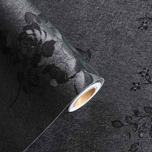 Black Floral Wallpaper, 17.7 x 118 in Peel and Stick Waterproof Self Adhesive Wall Paper, Removable Vintage Black Floral Embossed Contact Paper for Cabinets Drawers Kitchen Countertop Wall