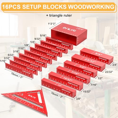 Diylog Setup Blocks Height Gauge Set 16 PCS for Woodworking – Aluminum Block Set with Case, 3" Blocks, 1/16" to 1"