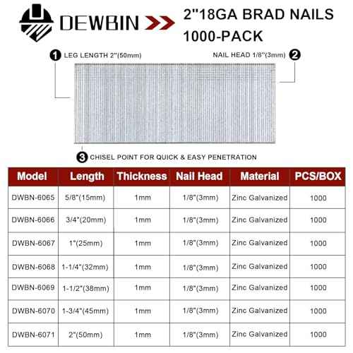 18 Gauge Brad Nails, 1000 Counts 2-inch 18 GA Brad Nails, Galvanized Nails for Nail Gun, Finishing Nail Gun Nails for Pneumatic, Electric Brad Nailer Gun