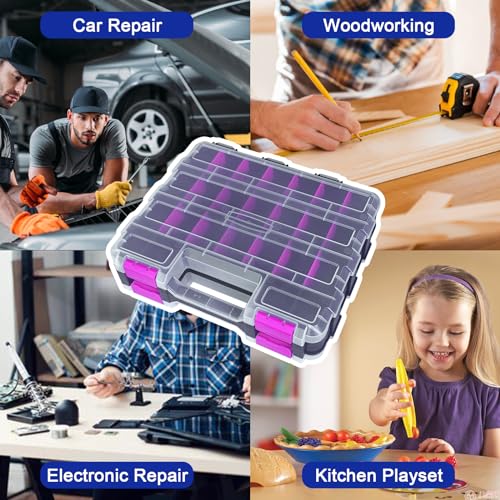 Busy-Corner Purple 50-Compartment Double-Sided Parts Organizer Box with Removable Dividers