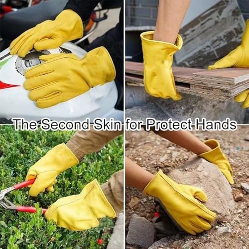 3 Pairs Leather Work Gloves for Men, Durable Gardening Gloves, Cowhide Work Gloves for Driver, DIY, Construction