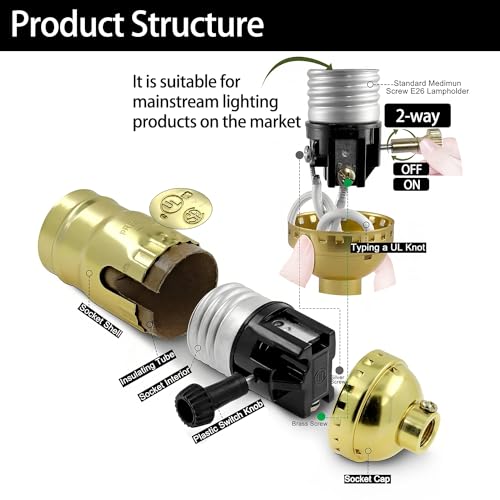 L&M 1 Way E26 Gold Lamp Socket Replacement with Turn Knob Switch