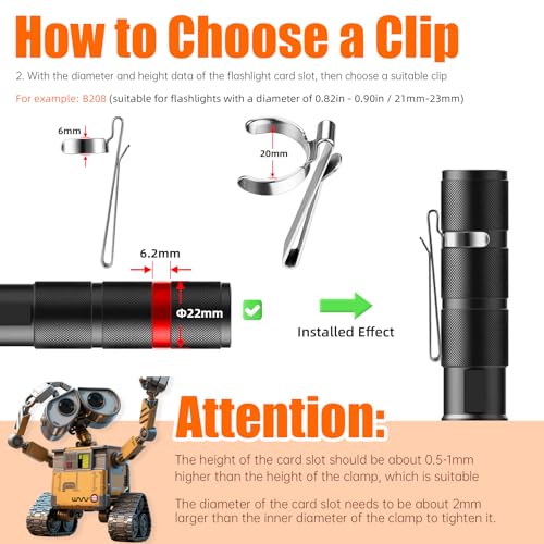 LIGHTFE B208 Flashlight Clip is Suitable for flashlights with a Diameter of 20-23 mm and a Slot Width of 5-5.4 mm. Stainless Steel Pen Clip, can be Used as a hat Clip, Pocket Clip, or Bag Clip