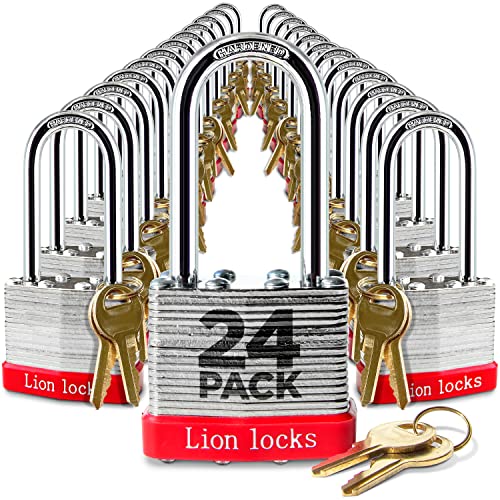 Lion Locks 24-Keyed Alike Padlocks with 2-inch Long Shackle - Outdoor & Indoor Security, Hardened Steel, Pick-Resistant Brass Cylinder, 48 Keys - Long Shackle 24-Pack