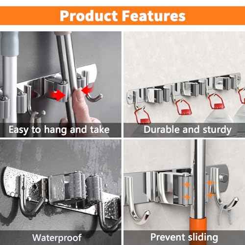 Mop and Broom Holder Wall Mount, Upgraded Broom Organizer Wall Mount, Stainless Steel Broom Hanger Wall Mount for Home Kitchen Garden Laundry Garage (3 Racks with 4 Hooks)