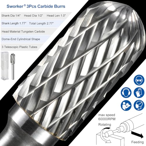 3Pcs 1/4 Carbide Burr Set 1/4" Shank Head Dia 1/2" Dome-End Cylinder Die Grinder Bits Rotary Tools Attachment Kit Rasp Accessories Metal Wood Stone Steel Grinding Deburring Cutting Porting
