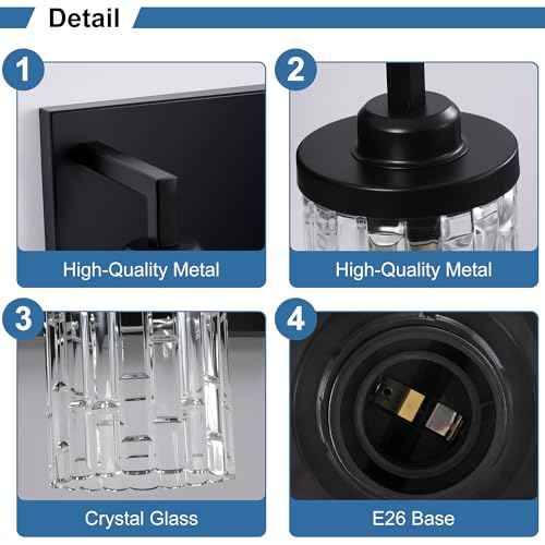 Black Vanity Light, 3 Light Crystal Modern Farmhouse Bathroom Lights, with Clear Glass Shade, Rustic Bathroom Light Fixtures, Black Bathrooms Wall Light Over Mirror for Living Room, Bedroom, Hallway