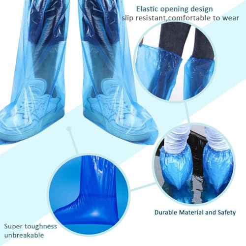 Disposable Shoe Covers Blue Rain Shoes and Boots Cover Plastic Long Shoe Cover Clear Waterproof Anti-Slip Overshoe for Women Men Water Boots Cover Rainy Day Use Cover (10 Pack(5 Pairs))