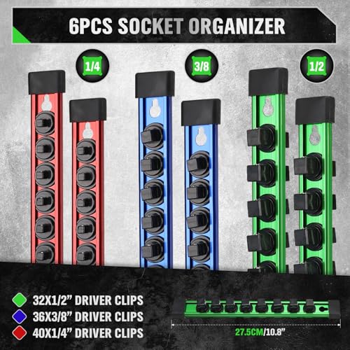 Swanelake 6-Piece Socket Organizer Set, 1/4 3/8 1/2 Inch Aluminum Rails Holds 108 Sockets