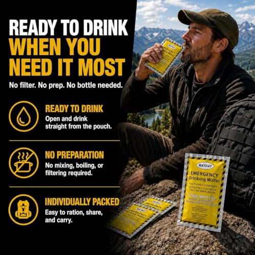 Mayday Emergency Drinking Water Pack 4.2 Fl Oz x 100 Pouches, 5-Year Shelf Life