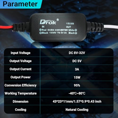 DROK 12V/24V to 5V DC Buck Converter 3A Power Supply for RV Solar