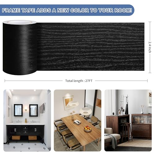 TIANLDD 27 ft Black Wood Grain Wallpaper Border Peel & Stick Waterproof Mirror Frame Border