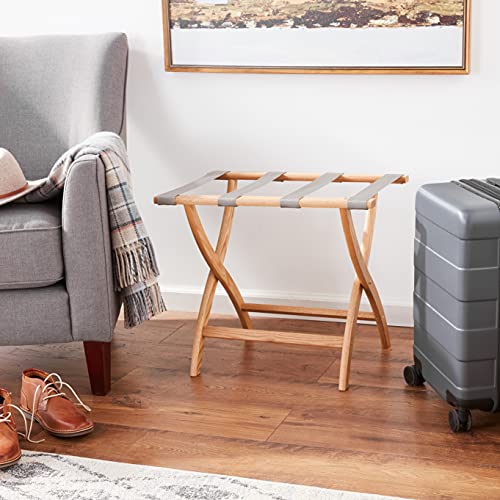 Wooden Mallet® Designer Curve Leg Luggage Rack, Grey Straps, Light Oak