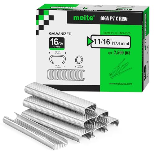 Meite 16 Gauge Galvanized Hog Rings 11/16" Crown for Upholstery, Fencing, Bag Closing - 2500 Count