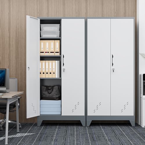 61" Metal Lockable Storage Cabinet with Pegboard & Hanging Rod – White & Gray
