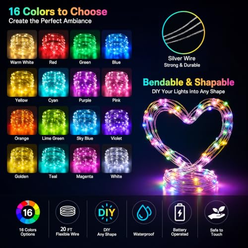 Dazzle Bright RGB Color Changing Fairy Lights 40FT Battery & USB Operated 2 Pack Waterproof Indoor Outdoor String Lights
