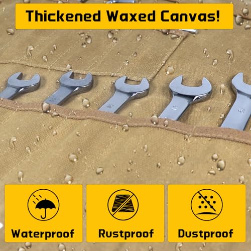 Wrench Roll 32 Pockets, Heavy-Duty 16 oz. Waxed Canvas Wrench Roll Up Bag Holds Wrench Wrap for Metric and SAE Wrenches, Wrench Pouch with Buckles and Handle, Sturdy Wrench Tool roll (Khaki)