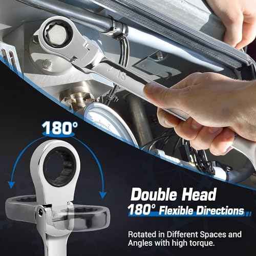 DISEN 8-9mm Extra Long Flex Head Ratcheting Wrench set, Double Box End Long Reach Ratchet Wrench, CRV Steel, Metric